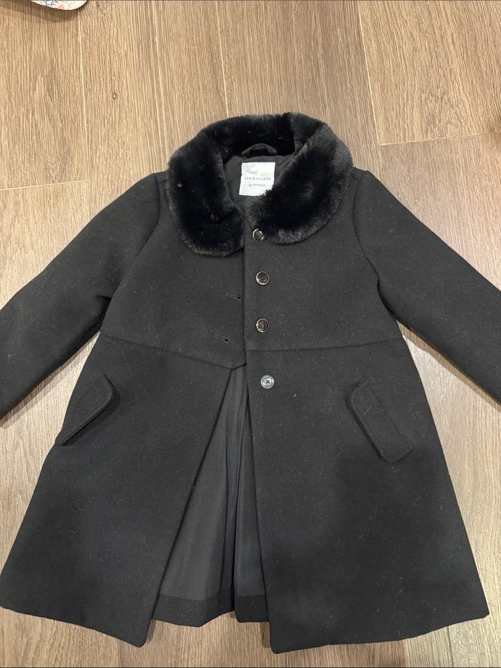 Janie and Jack Black Wool Pea Coat with Faux Fur Collar